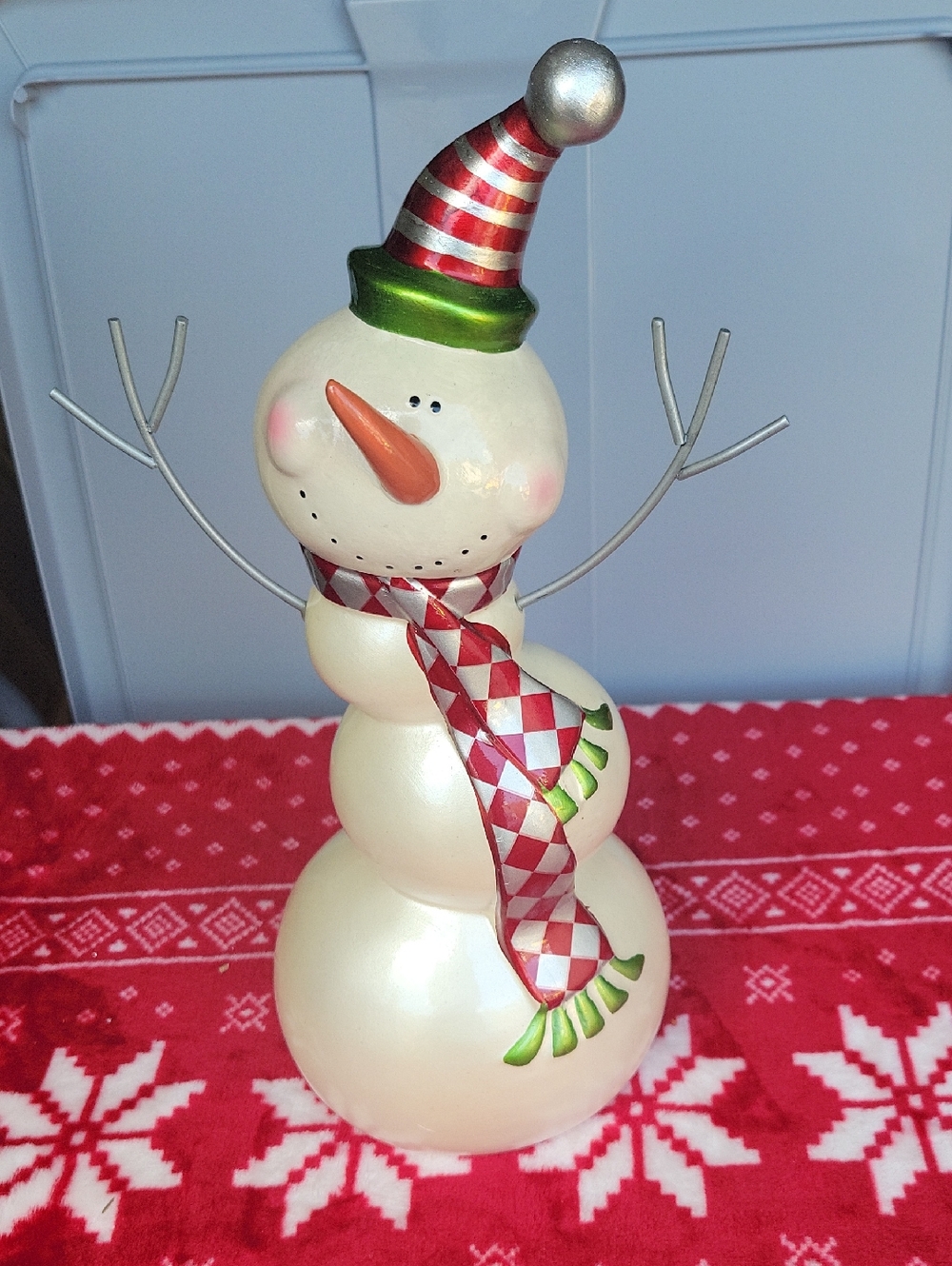 Pier 1 Cream Snowman with Red & Green Accents Figurine